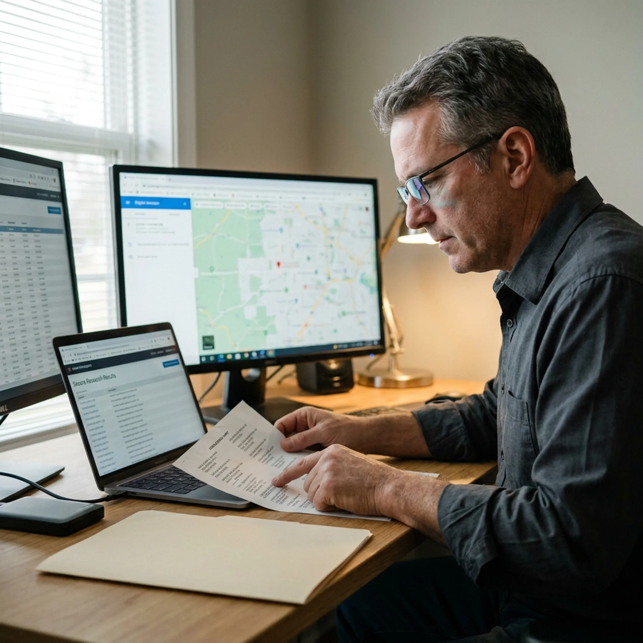 Investigator analyzing records and maps