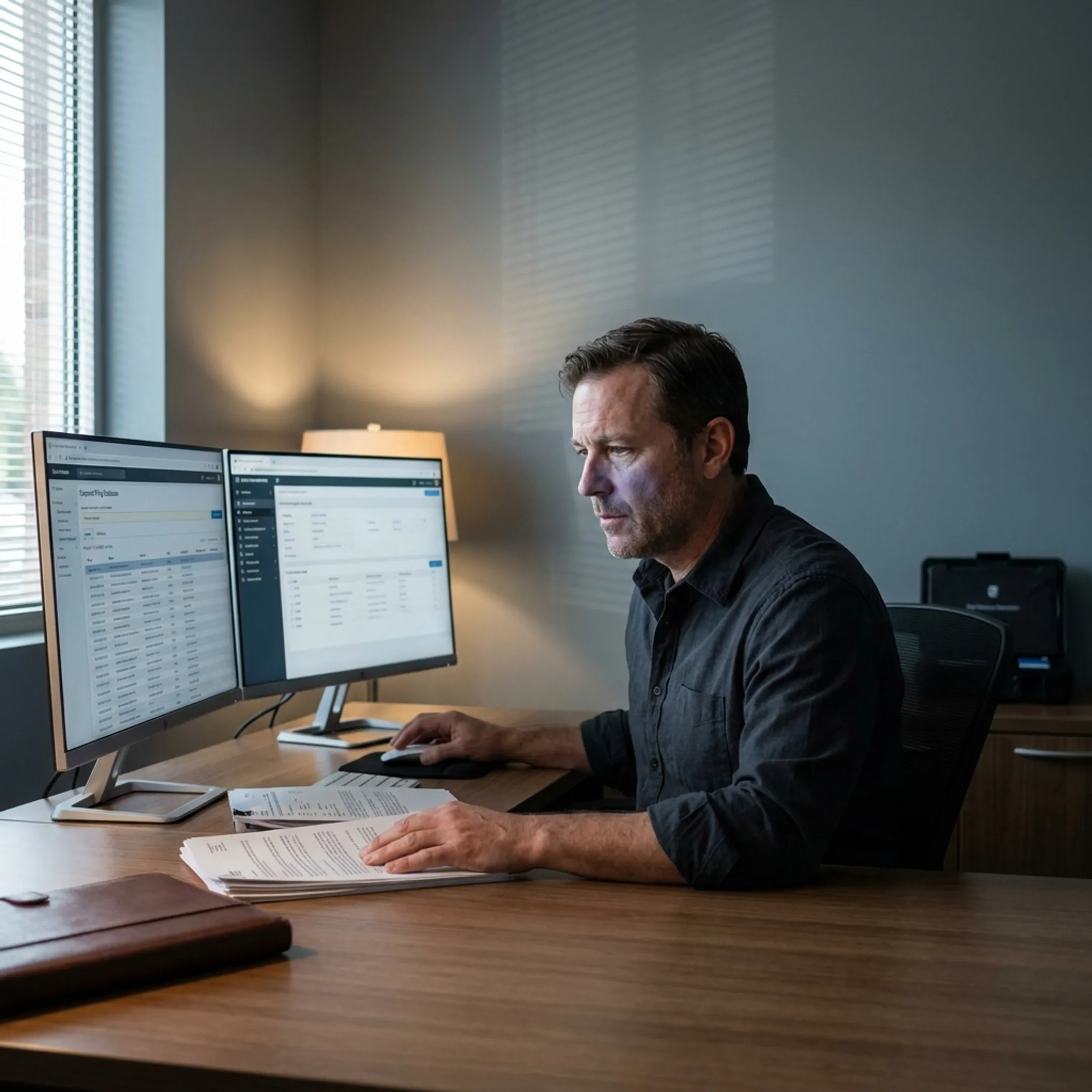 Investigator reviewing asset search records
