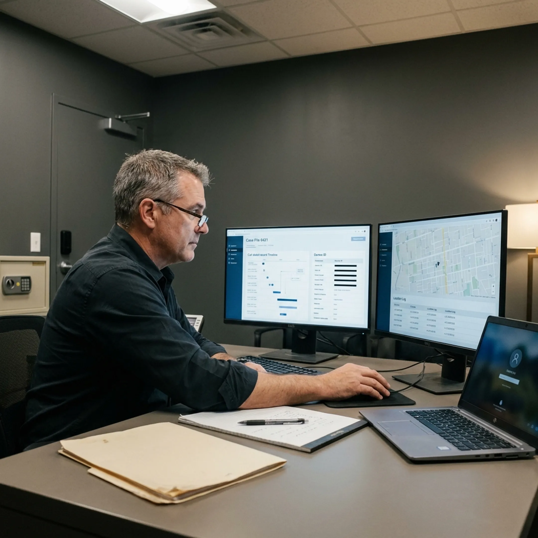 Investigator analyzing lawful digital research findings