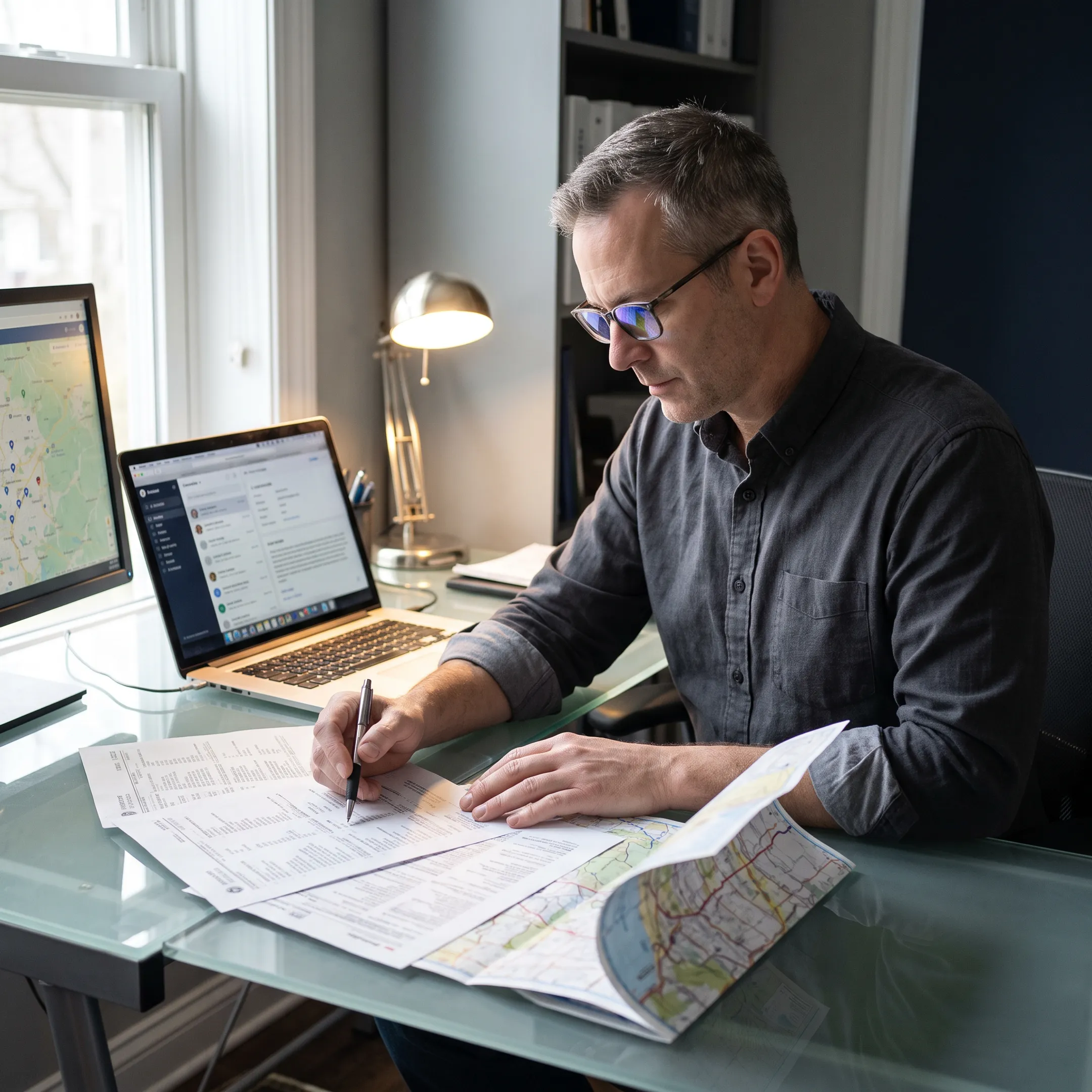 Investigator reviewing records for a skip tracing case