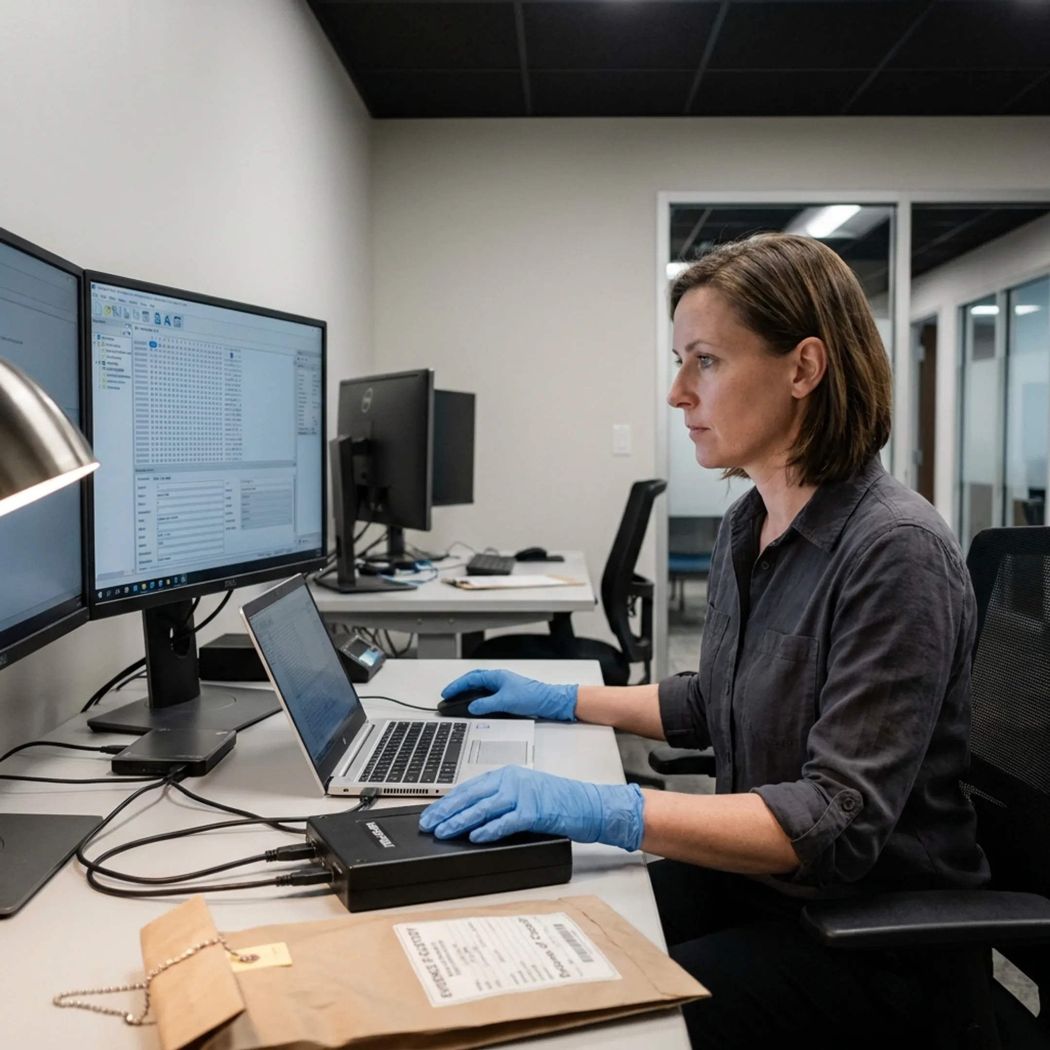 Digital forensic examiner reviewing a compromised laptop