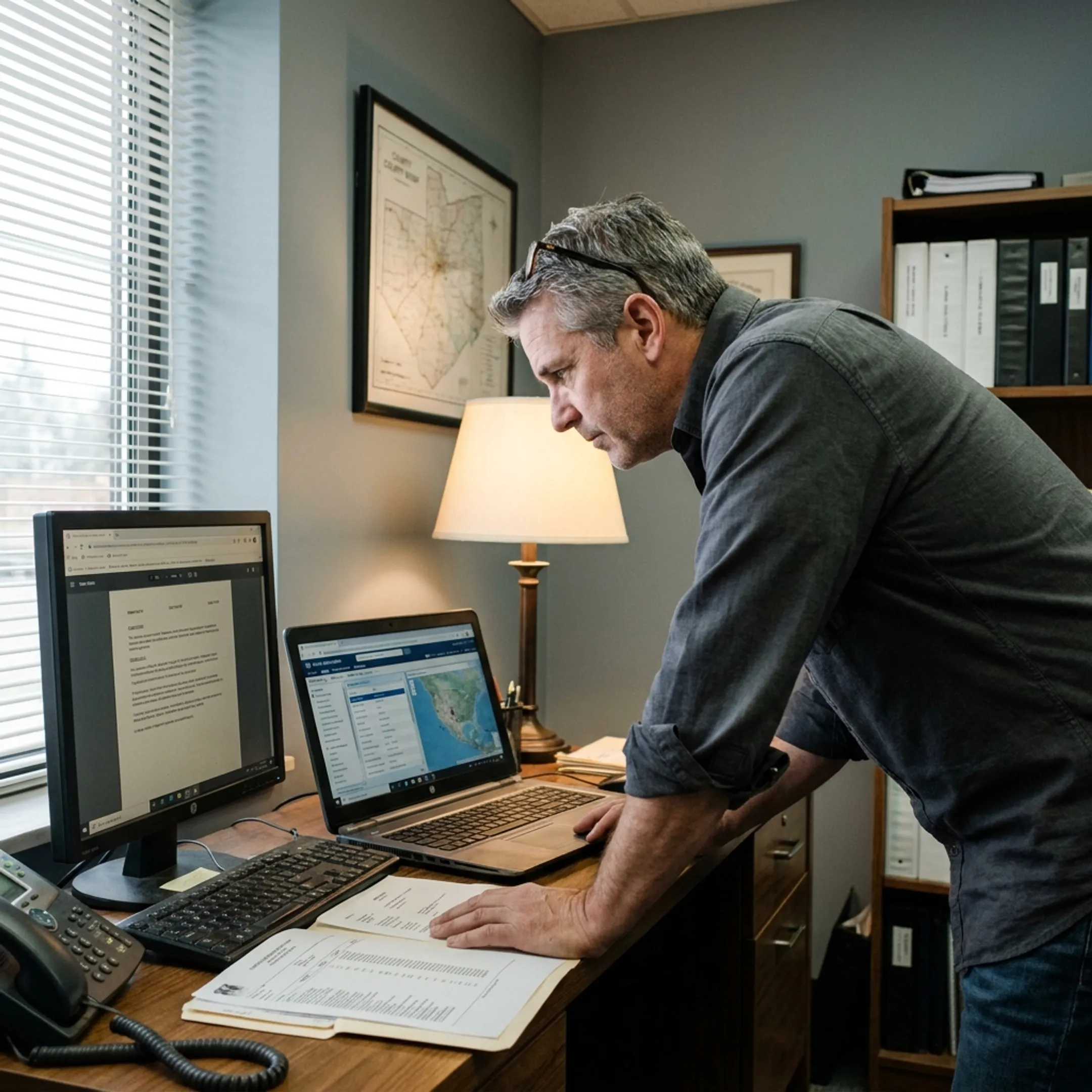 Investigator reviewing location research on a laptop