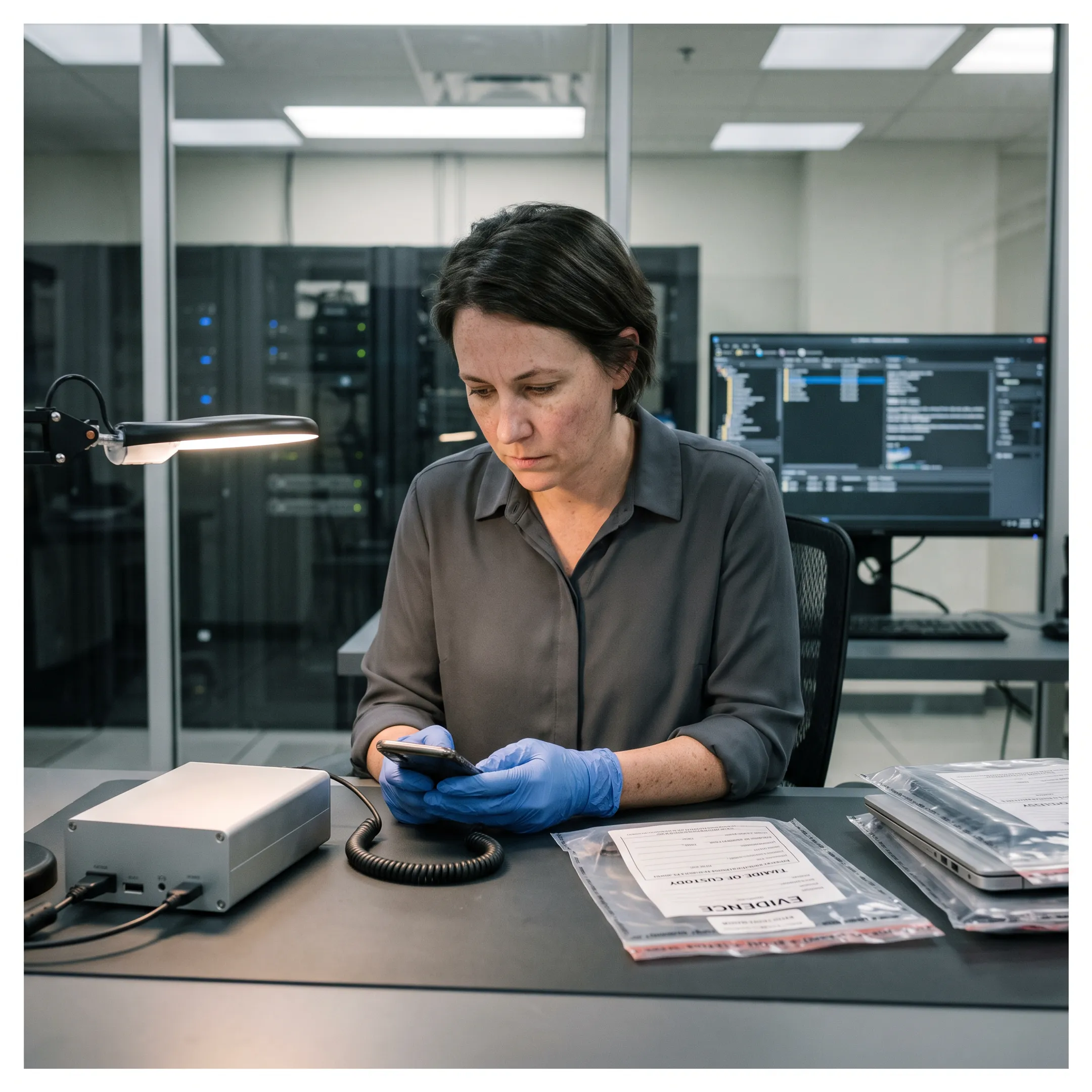 Forensic examiner analyzing smartphone evidence