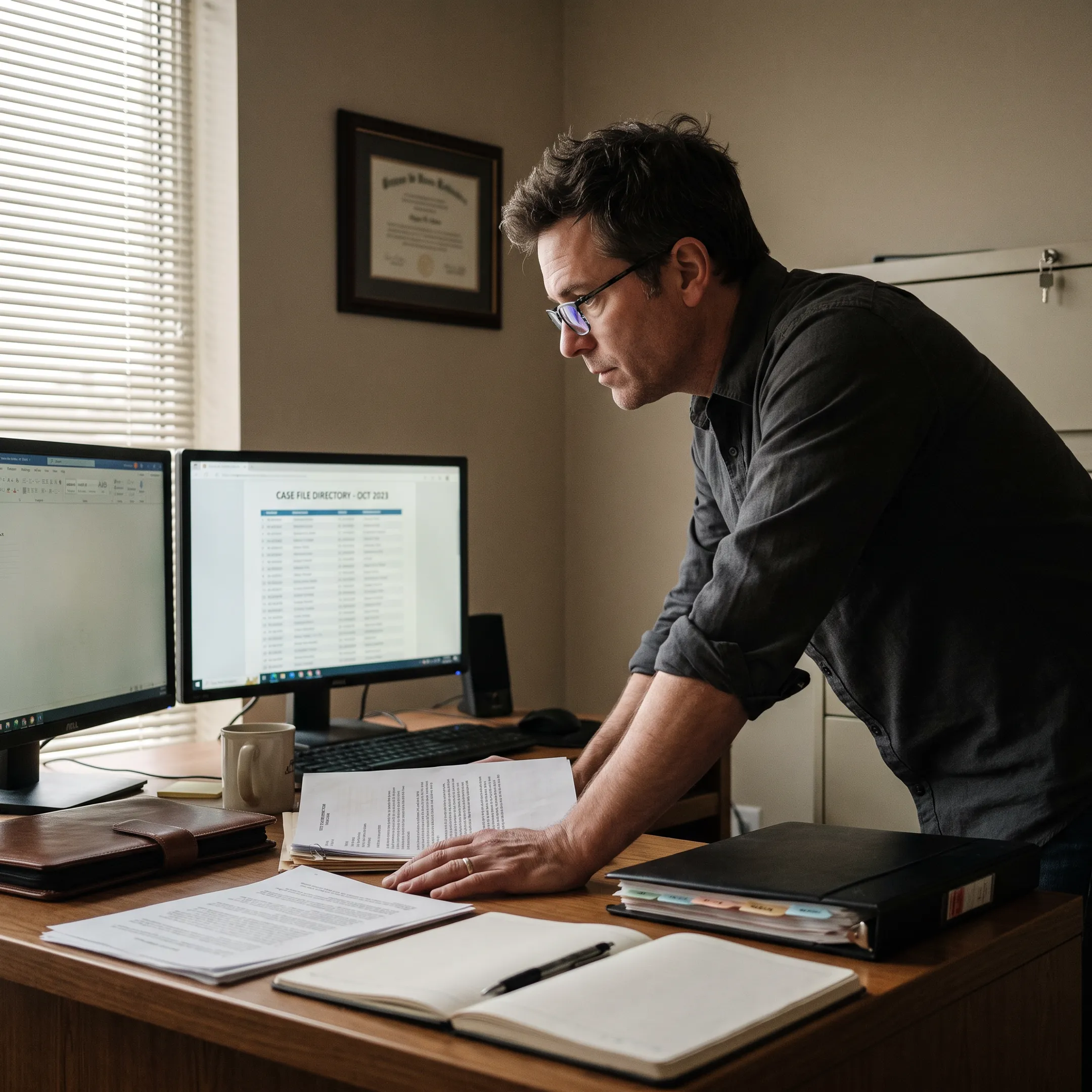 Investigator reviewing asset search records