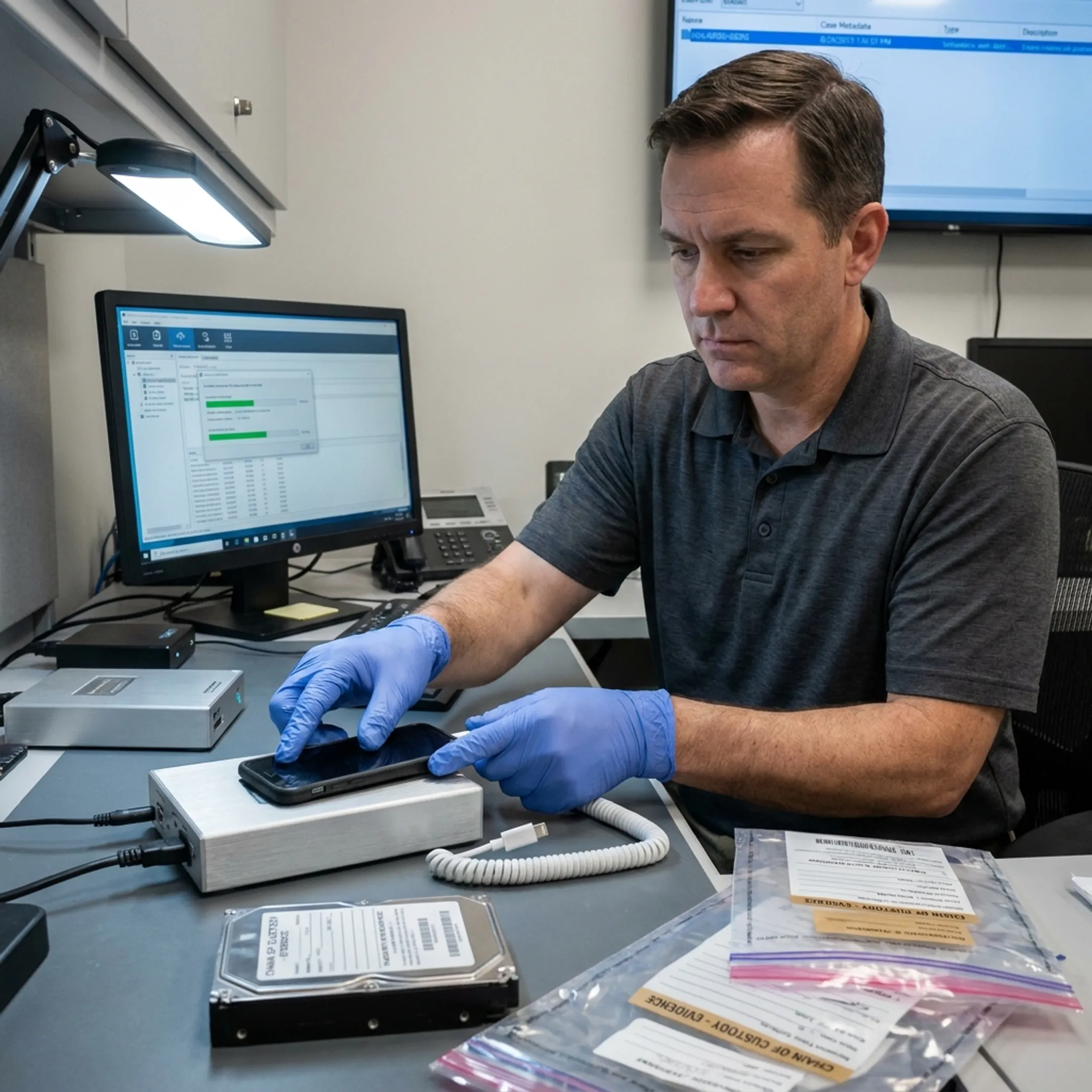 Examiner documenting smartphone data extraction