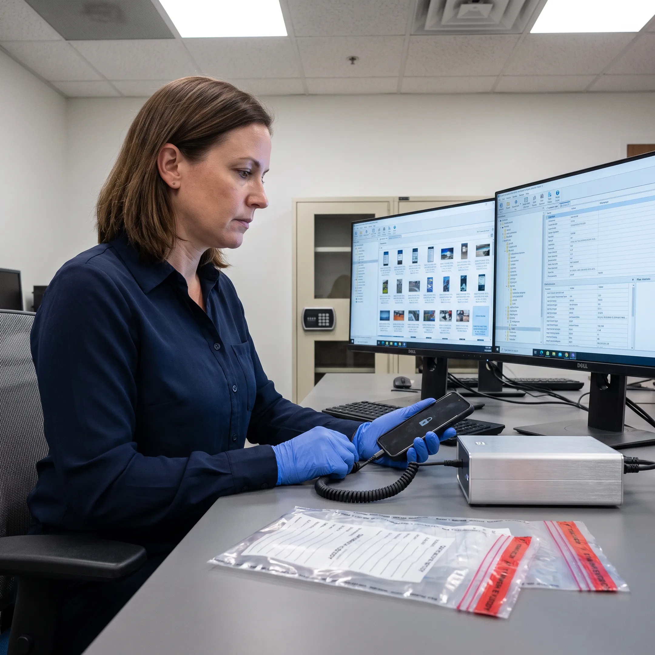 Forensic examiner analyzing smartphone evidence