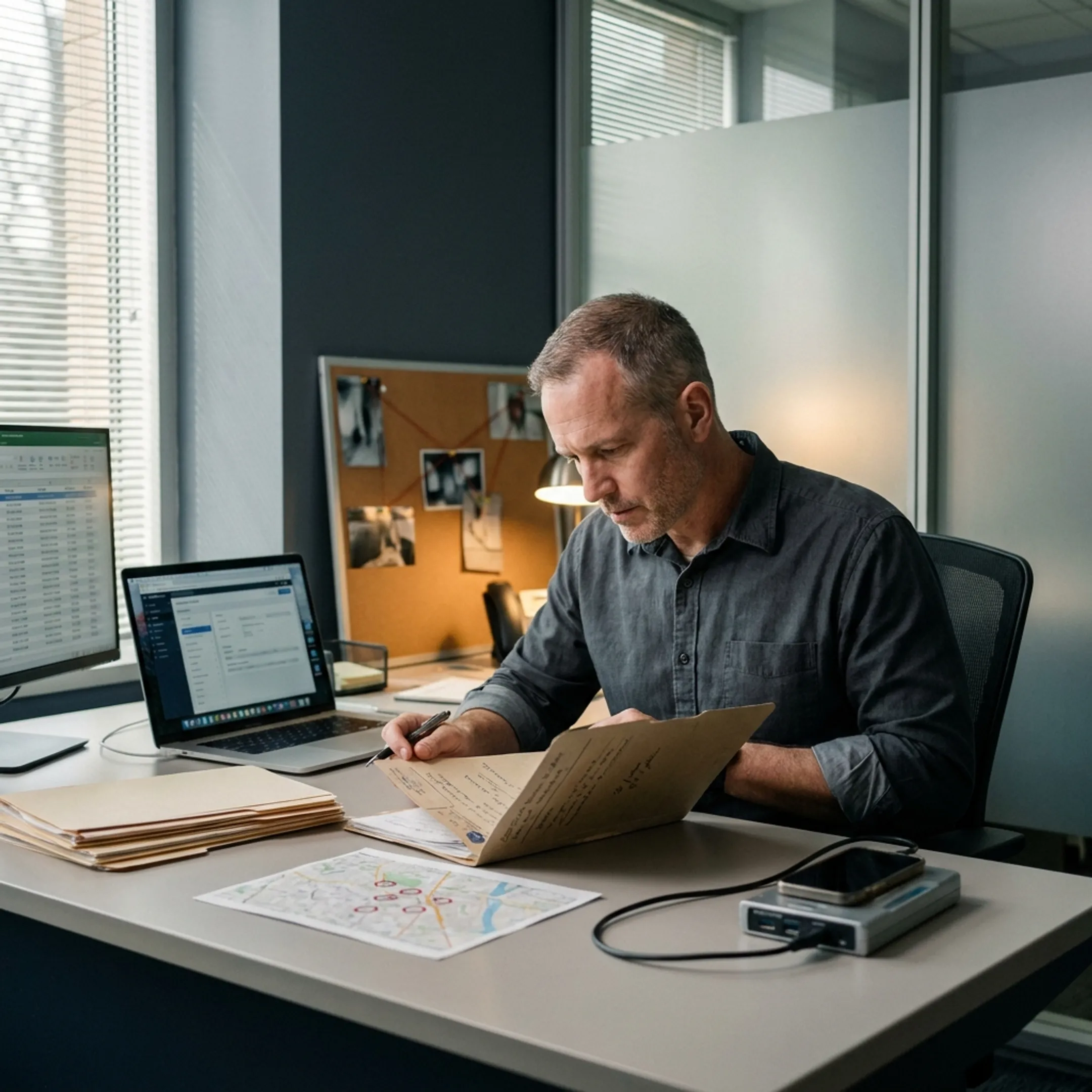 Private investigator reviewing case information in Rockville
