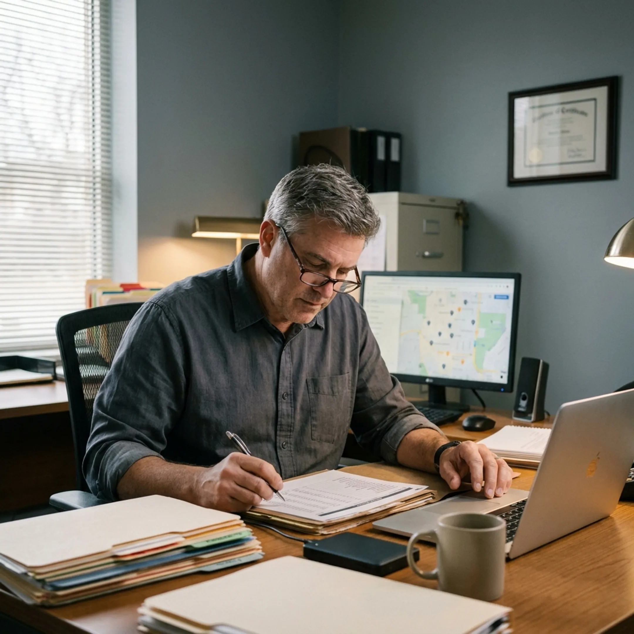 Investigator analyzing documented skip tracing leads