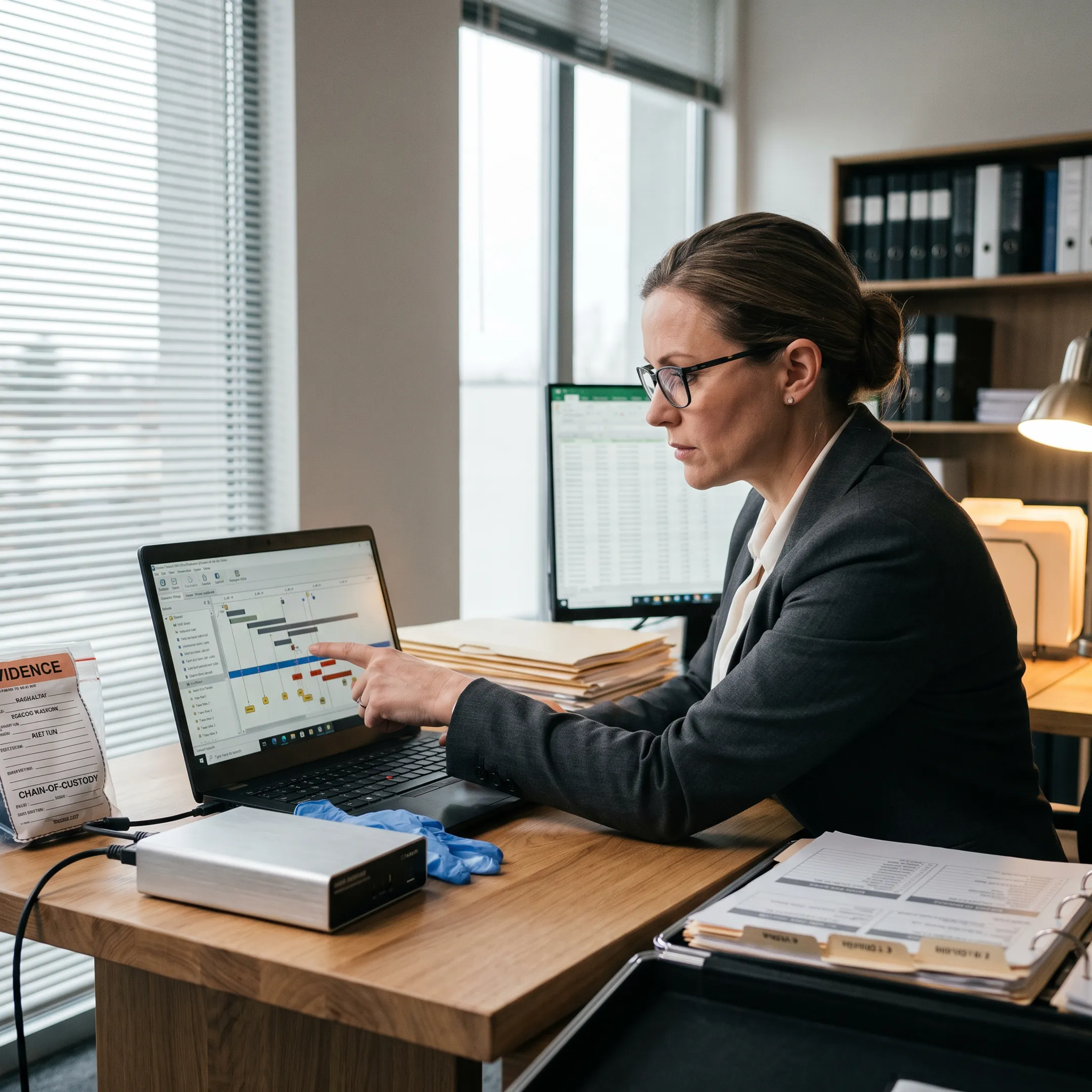 Digital forensic expert reviewing evidence for a legal case