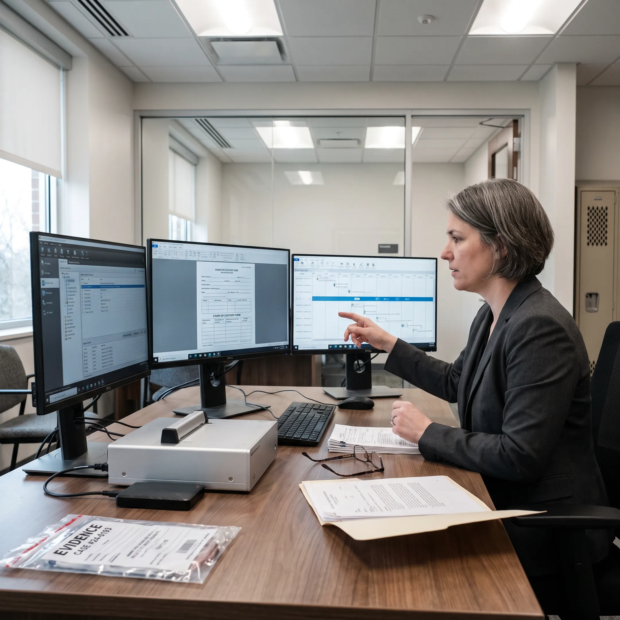 Digital forensics expert reviewing evidence for a legal case