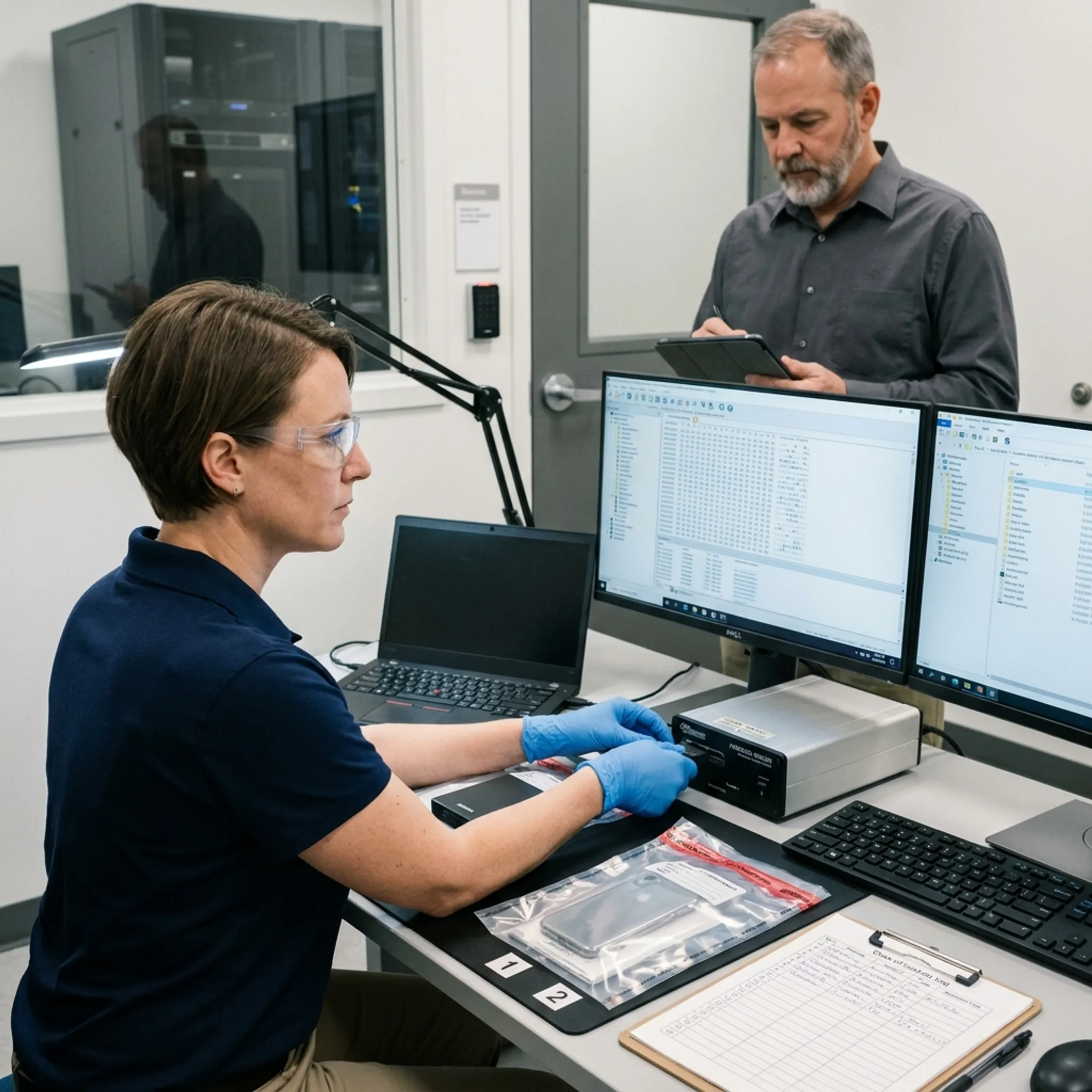Digital forensic examiner reviewing a compromised laptop