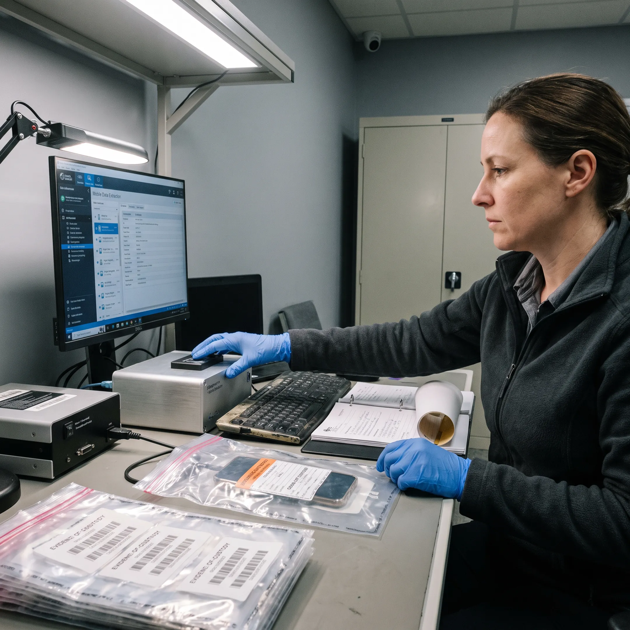 Forensic examiner analyzing smartphone evidence