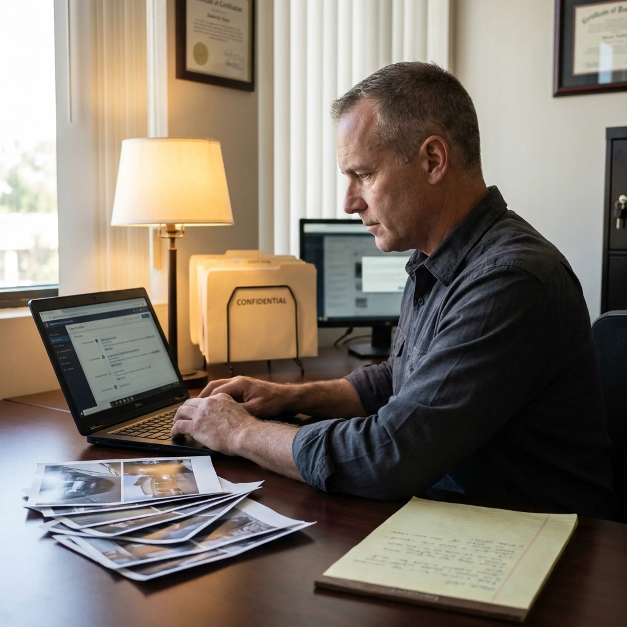 Investigator reviewing surveillance notes and images