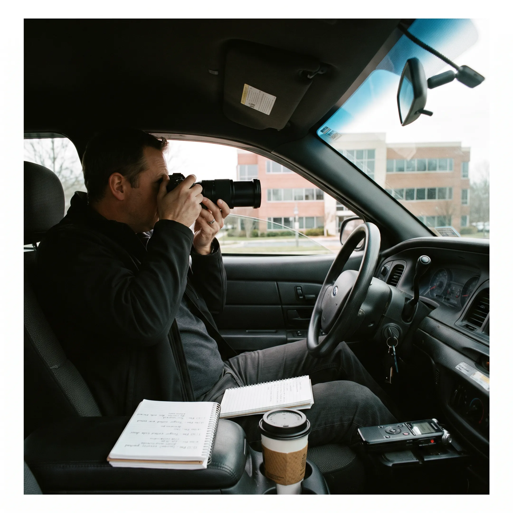 Investigator conducting discreet surveillance from a parked vehicle