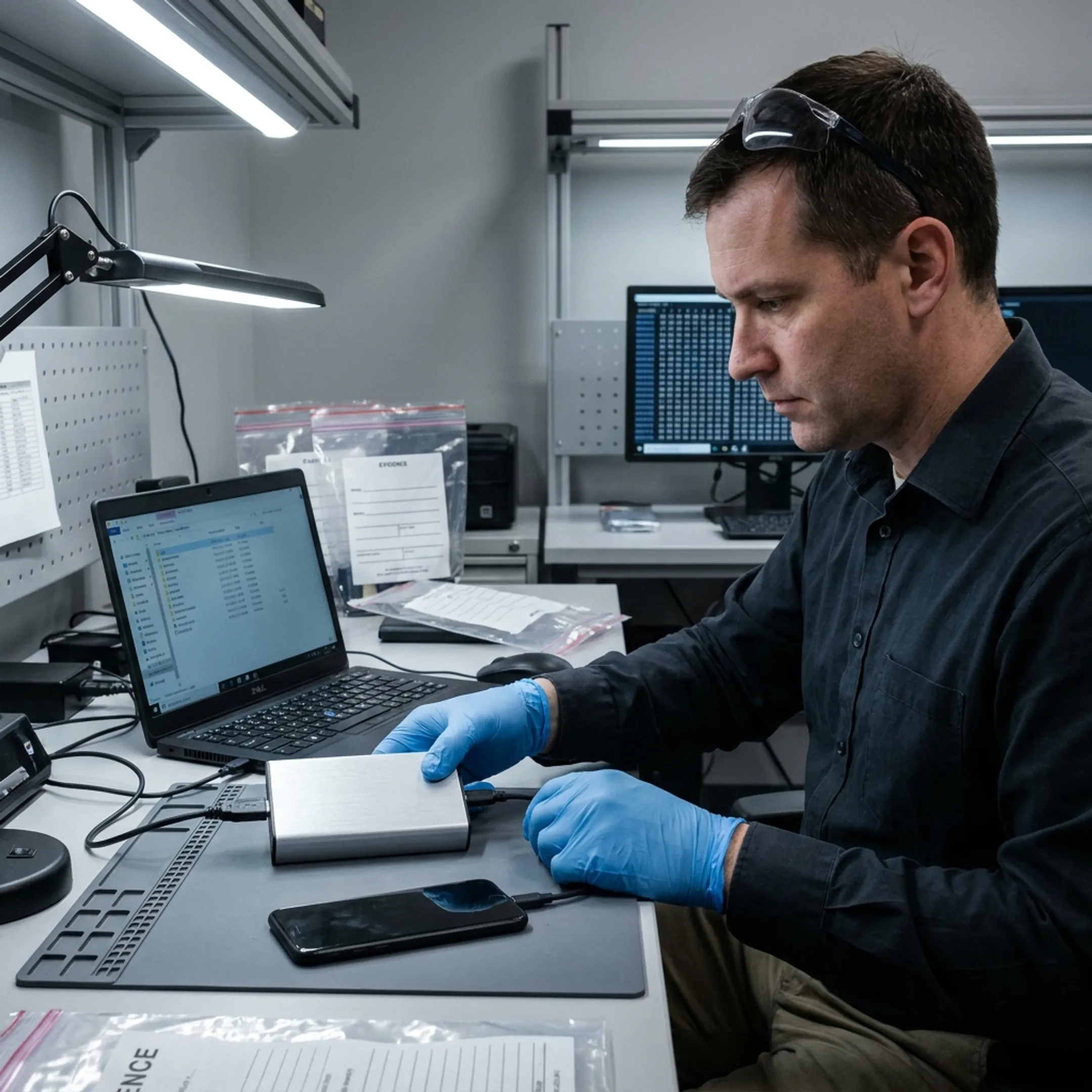 Forensic analyst examining digital evidence from a mobile device