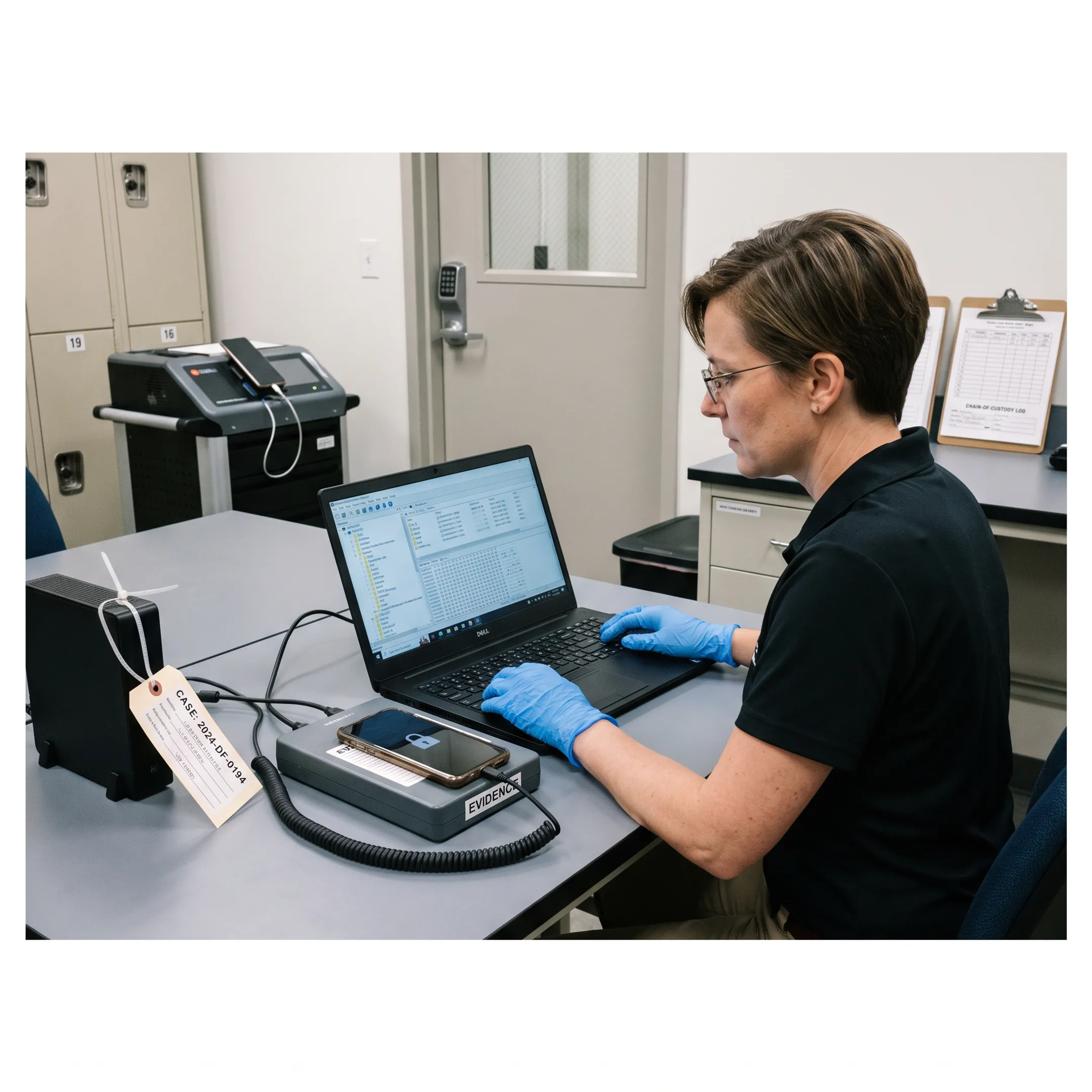 Forensic examiner reviewing a compromised laptop and smartphone
