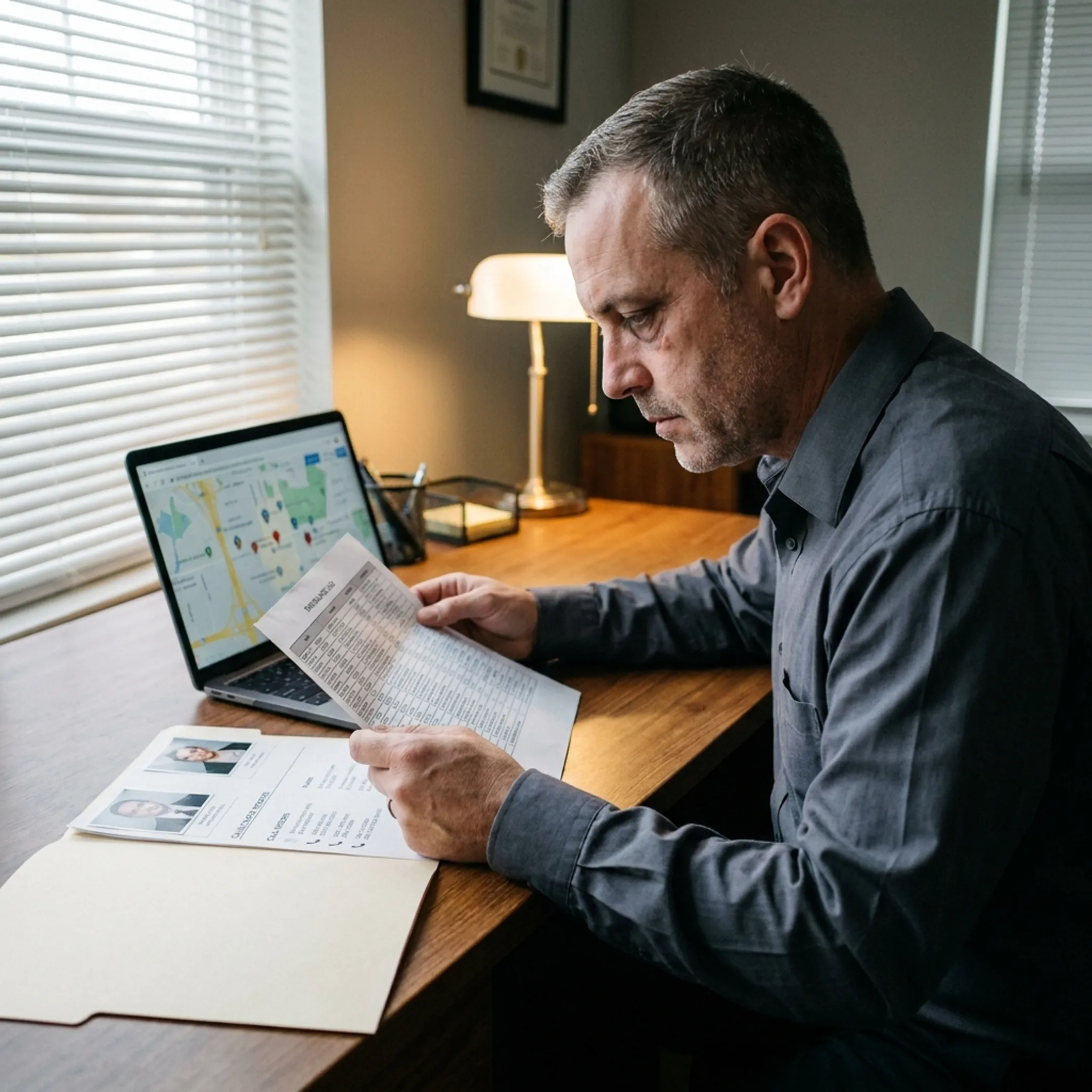 Private investigator reviewing case evidence