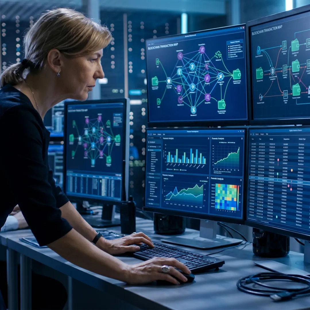 Blockchain investigator analyzing cryptocurrency transactions