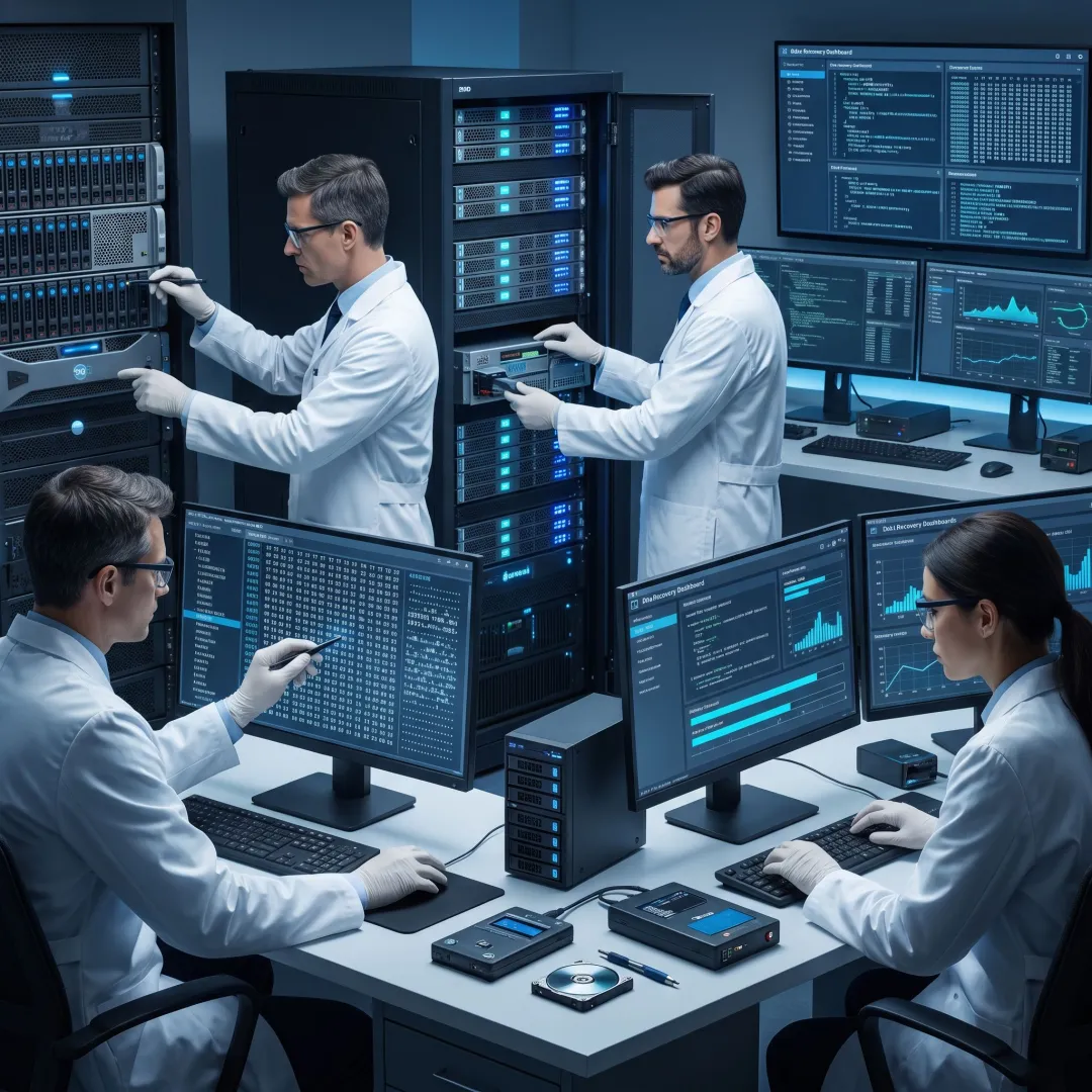 Enterprise data recovery specialists working on secure storage systems