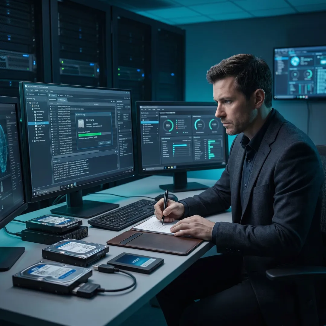 Technician performing enterprise data recovery workflow