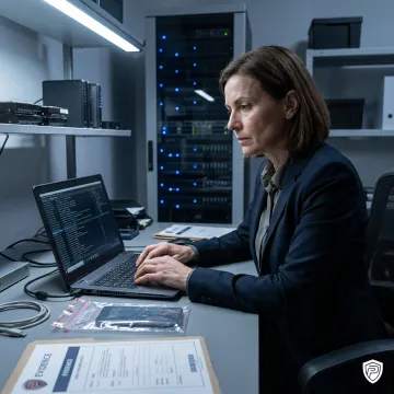 Digital forensic investigator reviewing corporate evidence