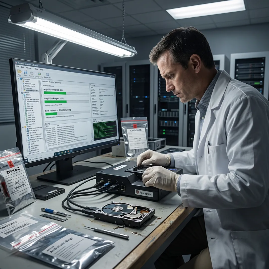 Technician imaging a hard drive for data recovery