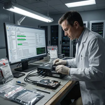 Technician imaging a hard drive for data recovery