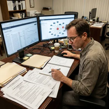 Investigator mapping financial connections during an asset investigation