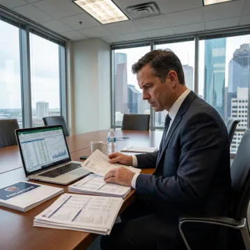 Corporate fraud investigator reviewing evidence in Houston office