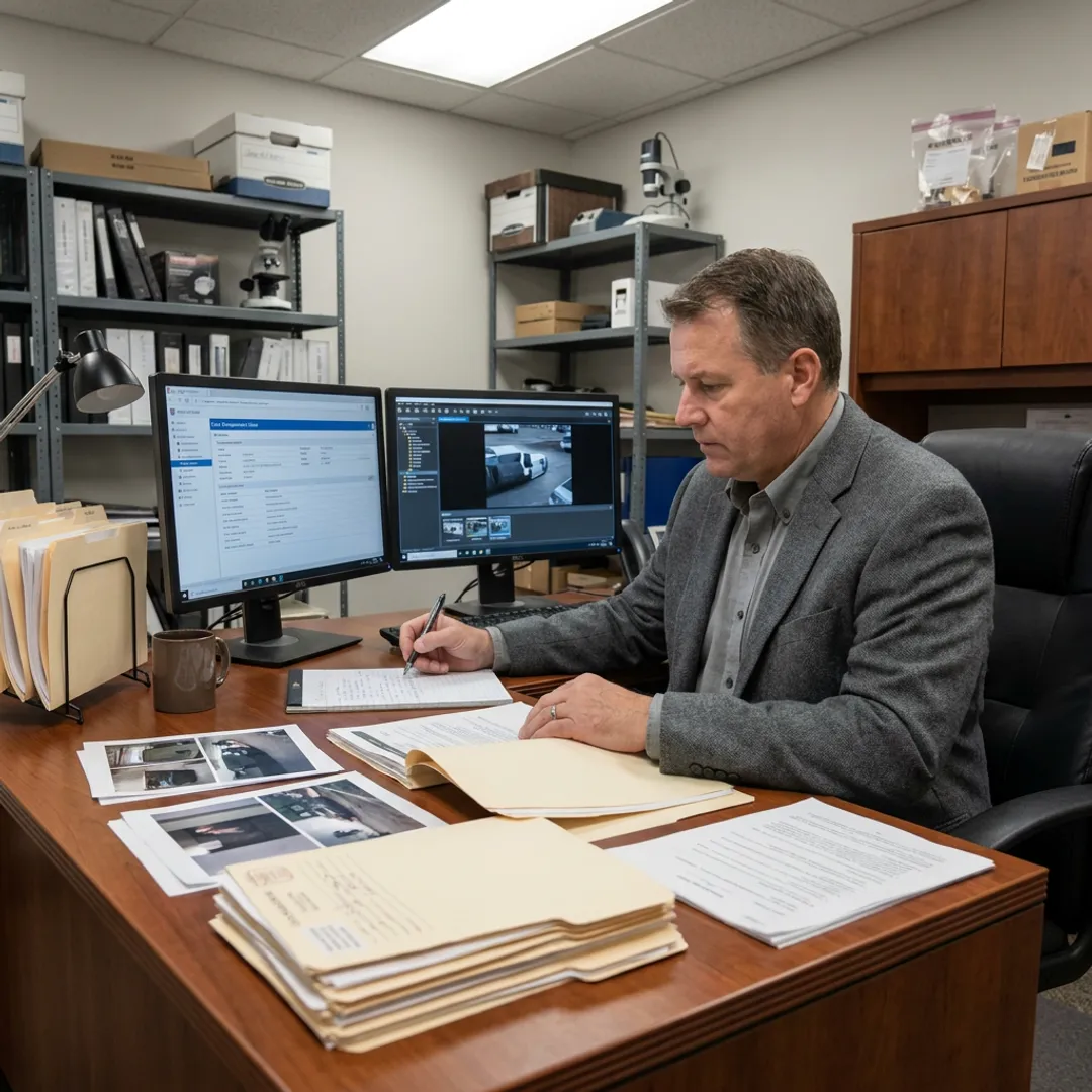 Insurance fraud investigator reviewing claim evidence