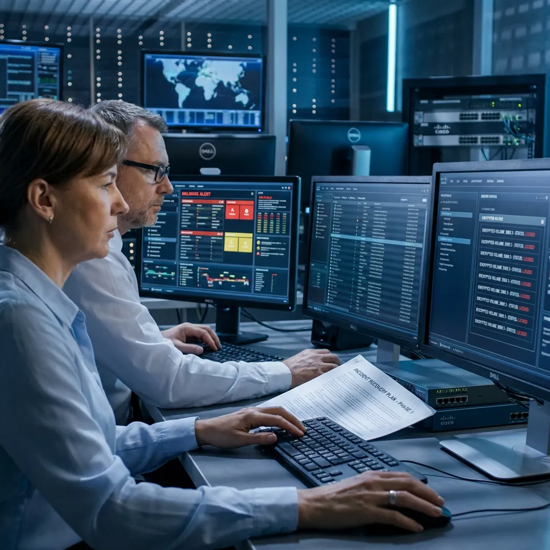 Incident response team analyzing ransomware recovery plan