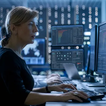 Cybersecurity analyst reviewing risk assessment data