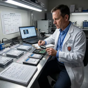 Forensic analyst reviewing cyber evidence workflow