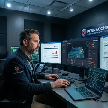 Cybersecurity auditor reviewing network risk dashboard