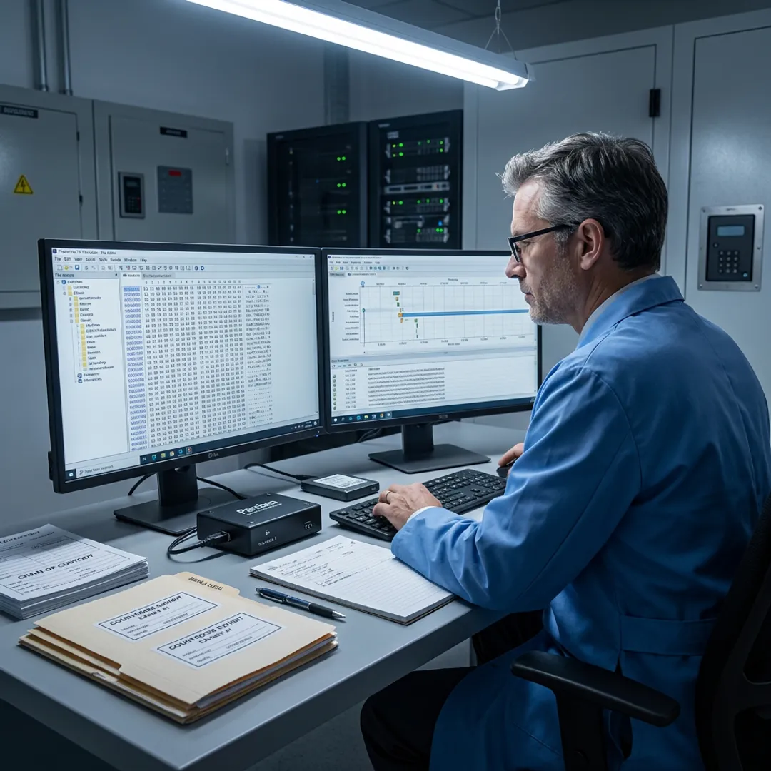Cybersecurity expert reviewing digital evidence for litigation