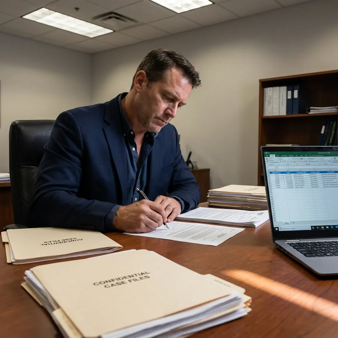 Investigator reviewing employee misconduct evidence