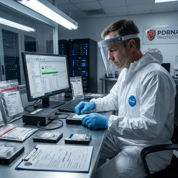 Forensic examiner recovering deleted files in a digital lab
