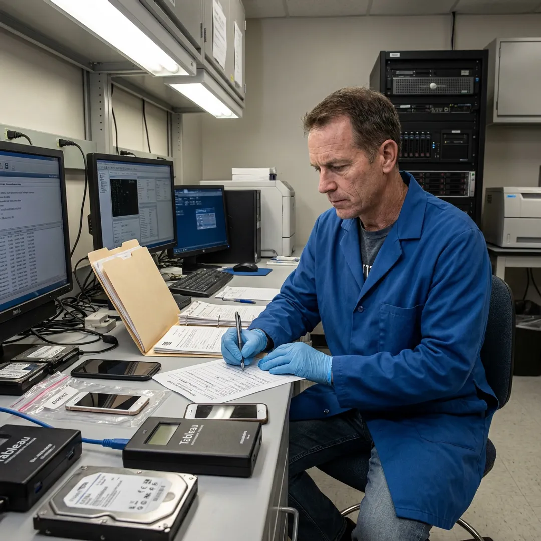 Forensic examiner documenting digital evidence process