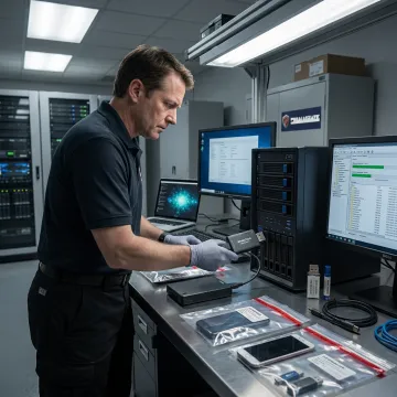 Digital forensics lab examiner analyzing electronic evidence