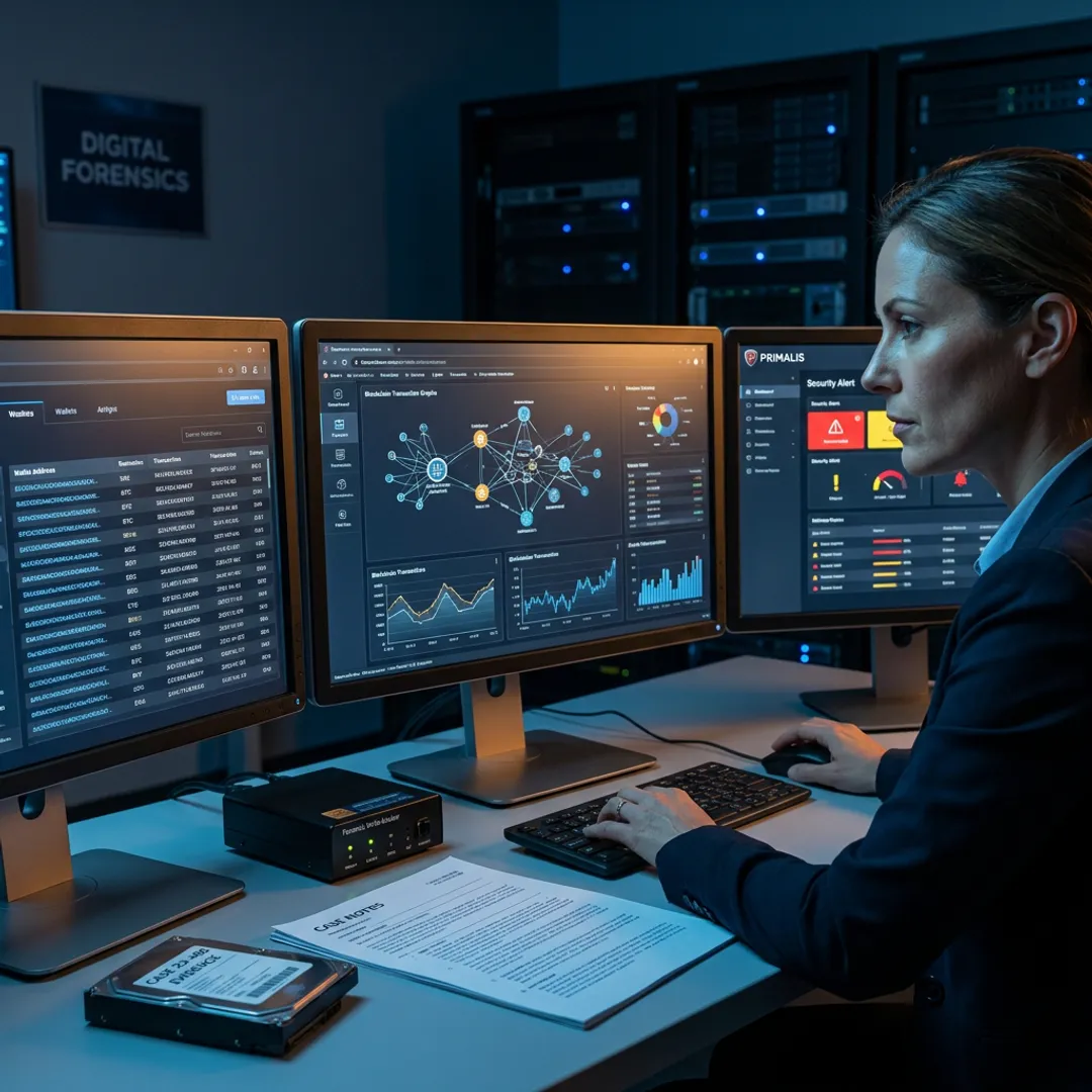 Cryptocurrency forensic analyst tracing blockchain transactions