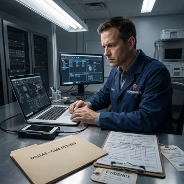 Digital forensic examiner reviewing laptop and phone evidence