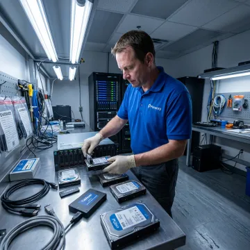 Server data recovery technician working on storage drives