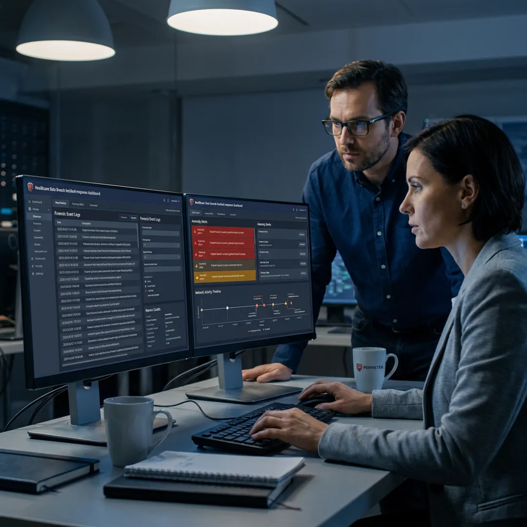 Healthcare cybersecurity analysts investigating a data breach
