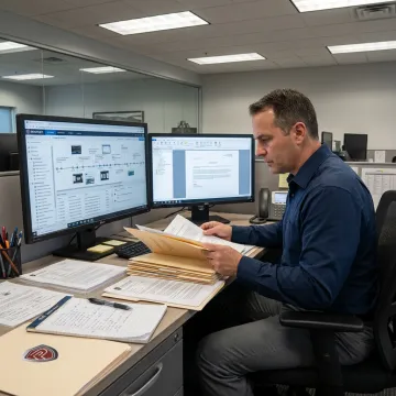 Investigator reviewing workplace misconduct evidence