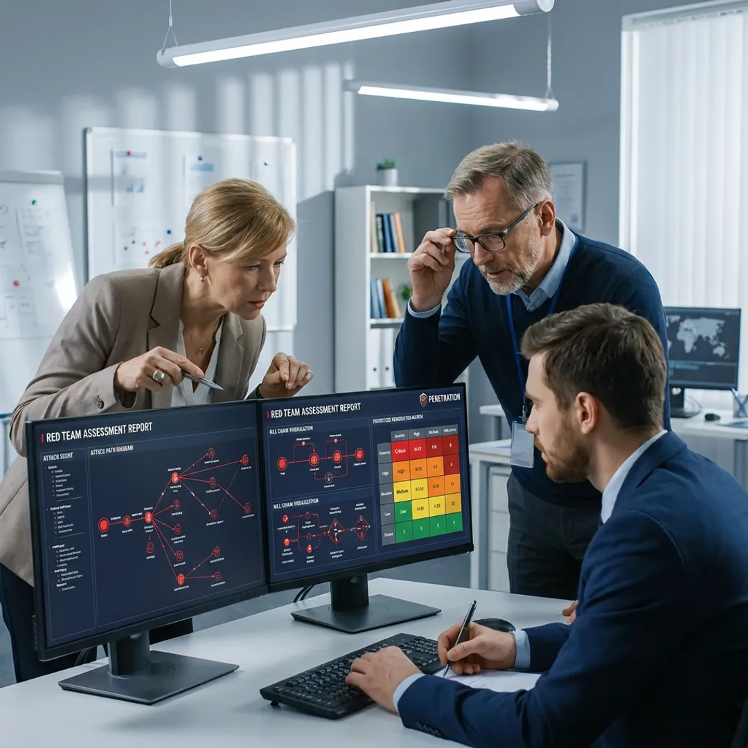 Cybersecurity experts reviewing red team findings