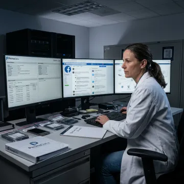 Social media forensic analyst reviewing online evidence