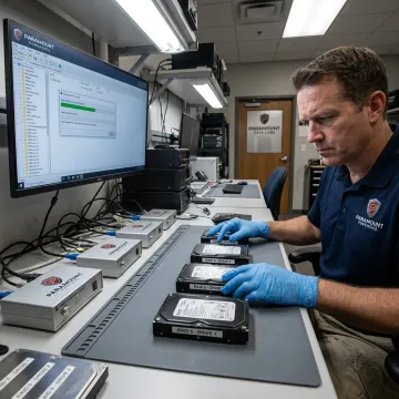 Technician analyzing RAID drives