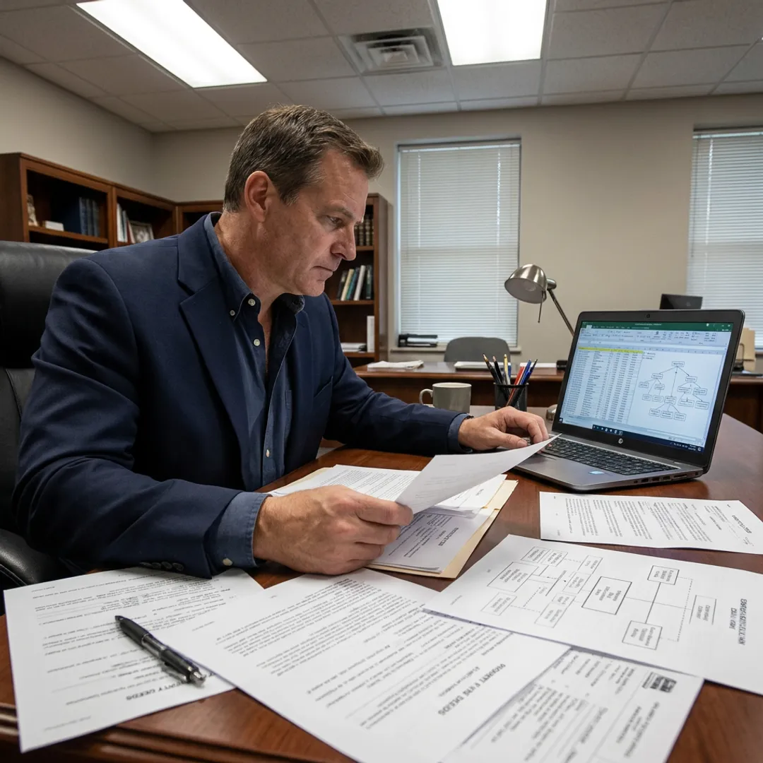 Asset search investigator reviewing case documents