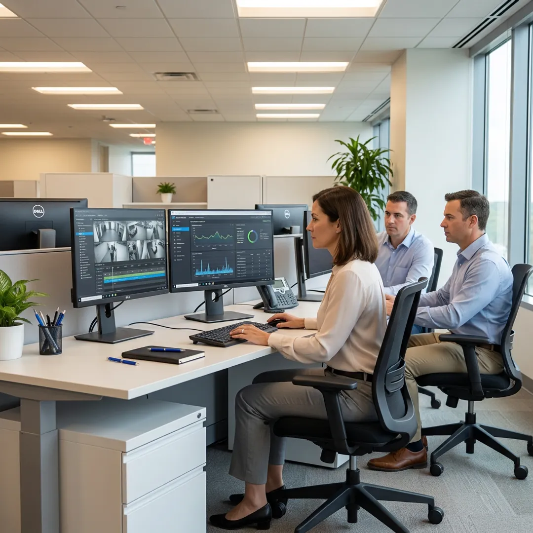 Corporate investigators reviewing surveillance footage
