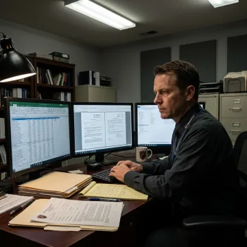 Investigator reviewing asset records and digital evidence